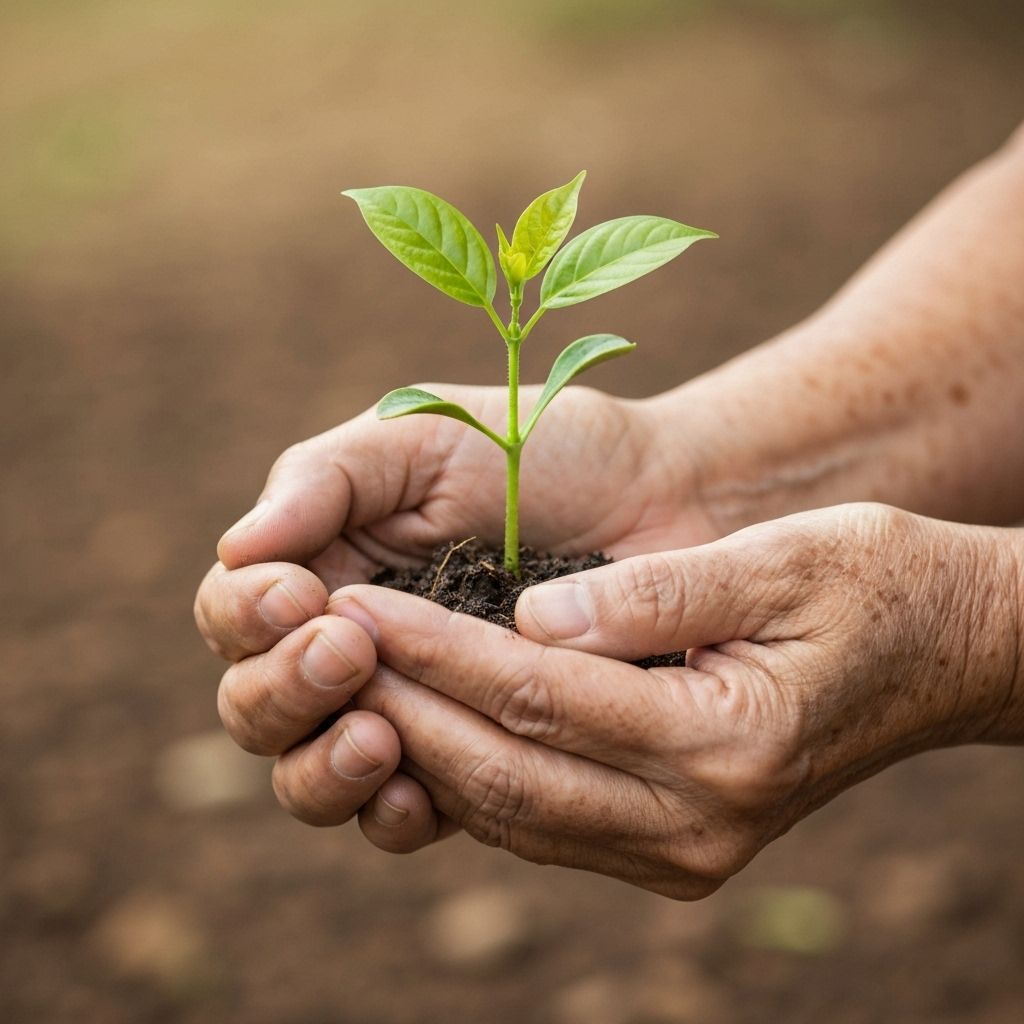 Hands holding seedling